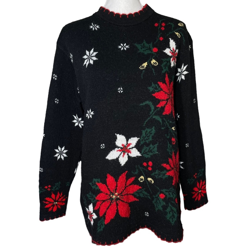 Poinsettia Christmas Sweater M Floral Longline Tunic Pullover Classic Elements